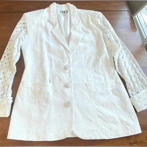 Vintage EREZ Cotton White Blazer Eyelet Long Sleeves Pearl Details Large EUC - Picture 4 of 13